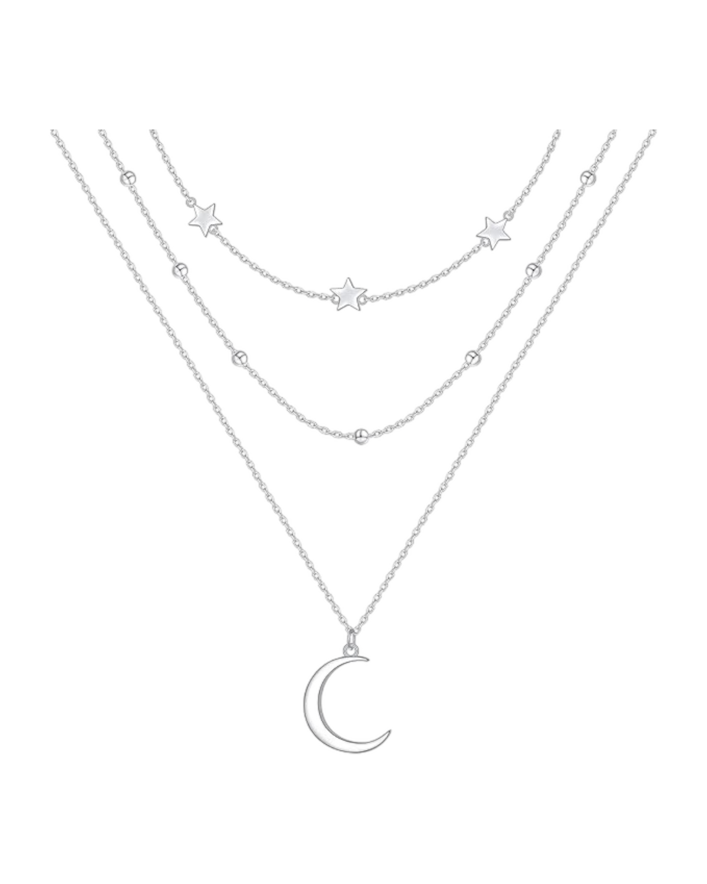 Triple Collar Plateado en Capas con Dije de Luna