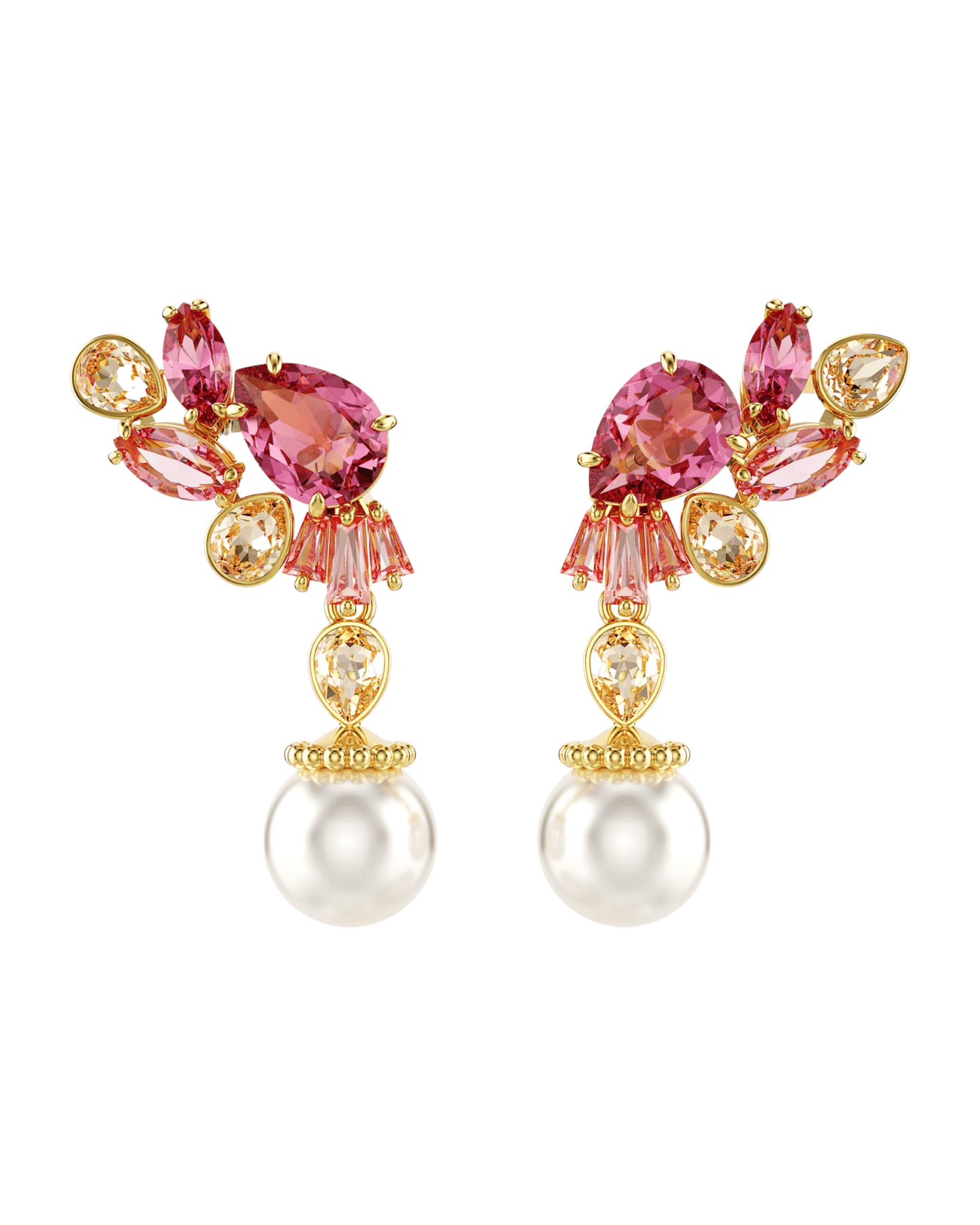 Aros Flores Rosas Swarovski dorados con perlas elegantes