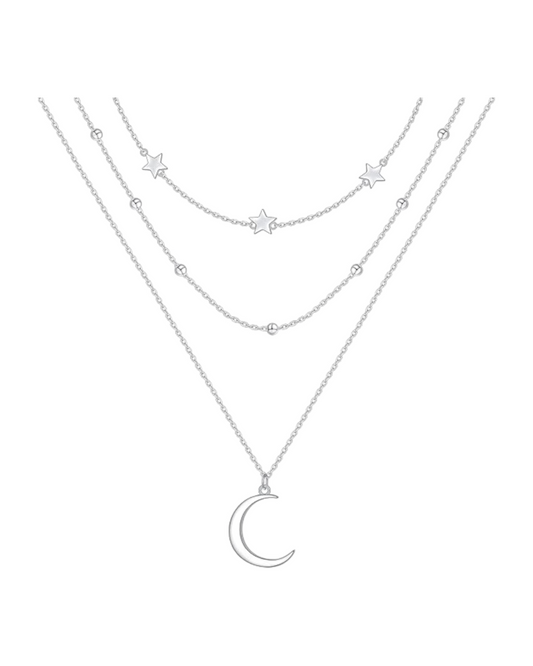Triple Collar Plateado en Capas con Dije de Luna