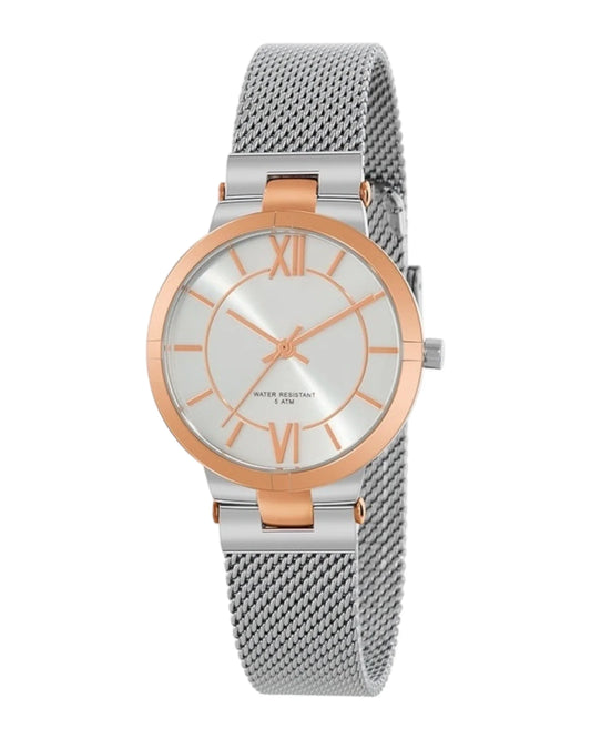 Reloj Bicolor con Malla Tipo Mesh y Detalles Rose