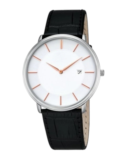 Reloj Minimalista Blanco con Correa Negra y Detalle Rose